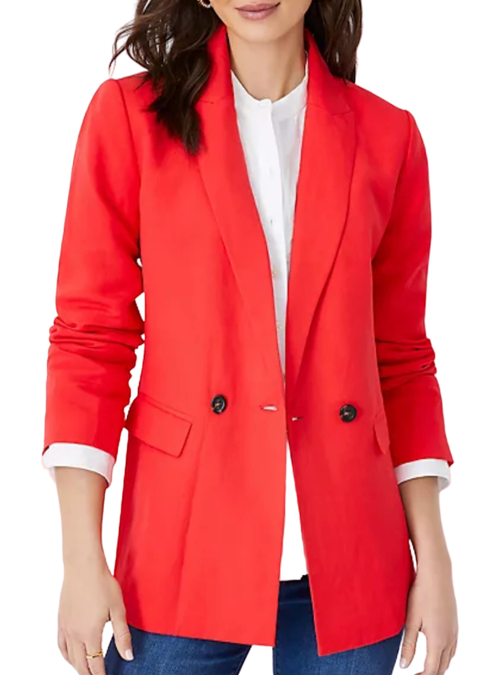 NWT ANN TAYLOR RED PETITE LINEN BLEND RELAXED DOUBLE BREASTED LONG BLAZER SZ 2P